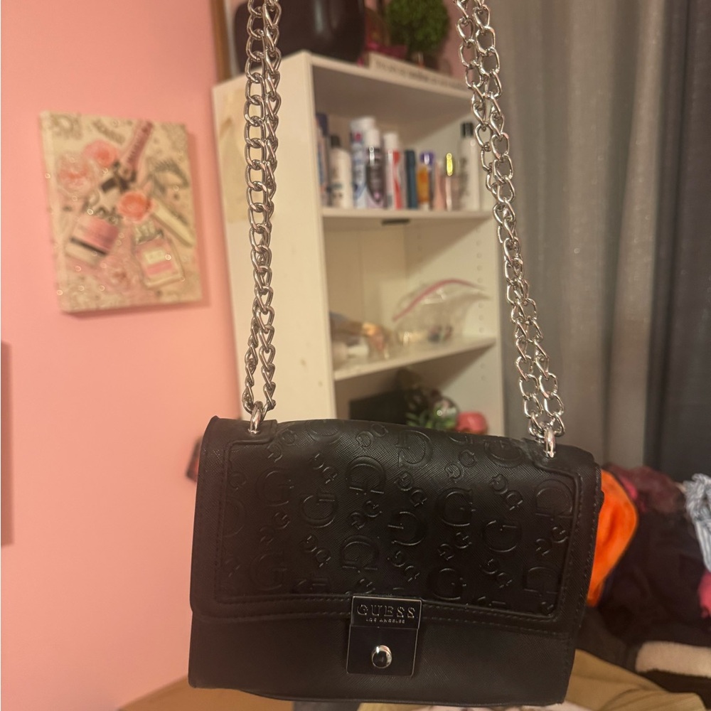 GUESS Black Embossed Crossbody Bag with Silver Chain